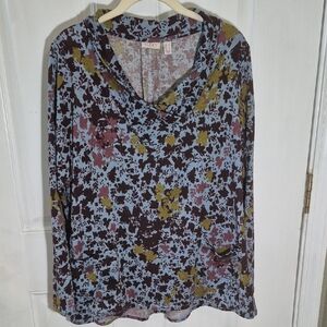 LOGO by Lori Goldstein Blue and Brown Floral Light Sweater